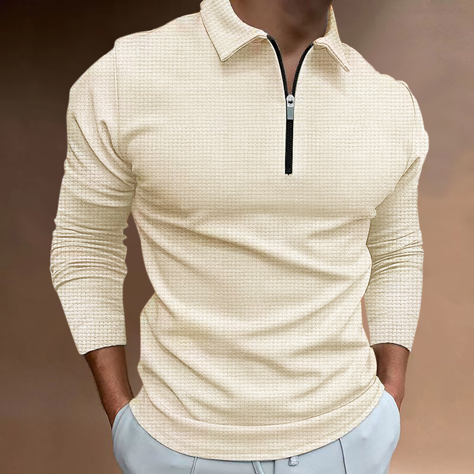 thumbnail image 2 of Camisa informal de manga larga para hombre: cuello vuelto, detalle de cremallera, color liso, poliéster, oficina/ocio, tallas 10-20 (EE. UU.), 2 of 7